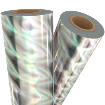 Two rolls of Mirage Transparent Holographic Laminating / Toner Fusing Foil showcasing a shimmering, iridescent surface with a wavy pattern.