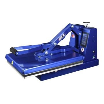 A blue HIX HT-600 Digital Manual Clamshell Press with a sturdy design, featuring a flat heat platen and an adjustable clamshell mechanism, ideal for pressing tasks.