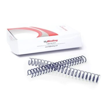 A box of Navy 2:1 Pitch Twin Loop Wire binding spines is displayed with two coiled wires in front.