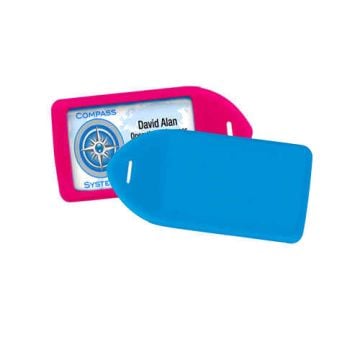 Neon Colored Rigid Plastic Luggage Tag Holders in pink and blue, featuring a clear ID card window and a compass design on one holder.