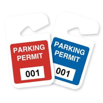 Two Non-Expiring Plastic Parking Permits, one in red and the other in blue, each featuring the text "PARKING PERMIT" and a numerical section for identification at the bottom.
