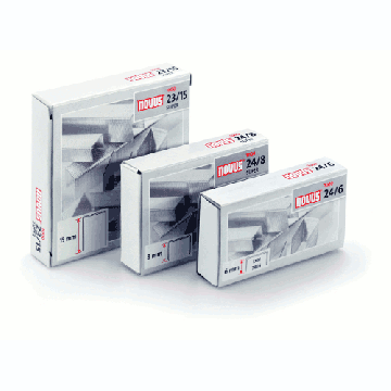 Three boxes of Novus Super Premium Office Staples in varying sizes, neatly stacked to display the product branding and staple dimensions.