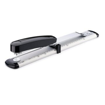 Novus B17 Long Arm Professional Stapler with adjustable guide and a sleek black and silver design, ideal for large stapling projects.