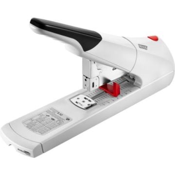 A Novus B50 Heavy Duty 140-Sheet Professional Stapler with a sleek design, featuring a black and white handle and a long metal base for high-capacity stapling.