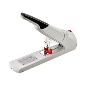 A Novus B56 210-Sheet Heavy Duty Stapler with a sleek white and black design, featuring a long base and red accents for high-capacity stapling tasks.