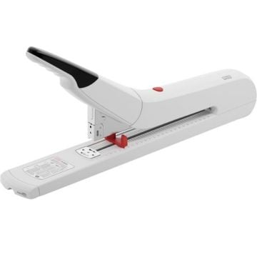 A Novus B56 XL Heavy Duty 170-Sheet Long Arm Stapler in white, featuring a sleek design with a black handle and a red adjustment knob.