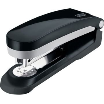 A close-up image of a Novus E25 Black 25-Sheet Compact Stapler with a sleek black and silver design.
