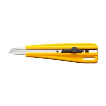 OLFA Model 300 Wheel-Lock Utility Knife with a yellow handle, a segmented blade, and a black wheel-lock mechanism for secure blade positioning during cutting tasks.
