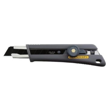 OLFA NOL-1 HandSaver Rubber Grip Ratchet-Lock Heavy Duty Cutter with a gray handle, non-slip rubber grip, a black segmented blade, and a ratchet-lock wheel for secure and precise blade adjustment.