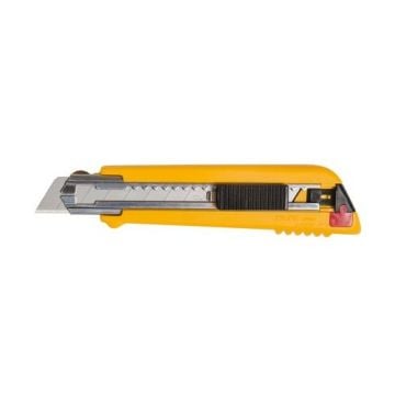 OLFA PL-1 Multi-Blade Auto-Load Auto-Lock Heavy Duty Cutter With Blade Storage featuring a yellow handle, built-in blade storage, a black auto-lock slider, and a sharp segmented blade for heavy-duty tasks.