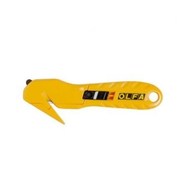 Olfa SK-10 Concealed Blade Safety Knife featuring a yellow ergonomic handle, a concealed blade design for enhanced safety, and a built-in cutting guide for precision.