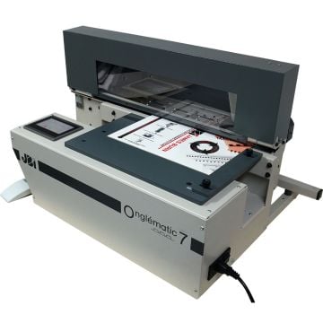 A James Burn Onglematic O7 Tab Cutter w/ 1/2 Ext. Double Round Corner, showing a document being precisely cut with its advanced corner cutting mechanism.