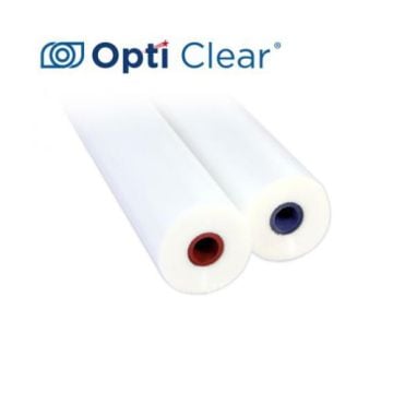 Two rolls of Opti Clear Gloss 5 mil Roll Laminating Film with red and blue cores, showcasing high-quality, clear lamination.