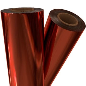 Two rolls of vibrant Orange Metallic Laminating / Toner Fusing Foil with a glossy finish, ideal for decorative and professional applications.