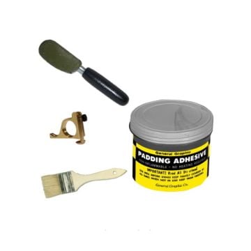 A Padding Starter Kit featuring a jar of padding adhesive, a brush, a padding knife, and a clamp, arranged against a white background.
