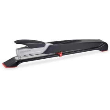 A black and silver PaperPro inREACH+ One-Finger 25-Sheet 12.5" Long Reach Stapler with a sleek, modern design.
