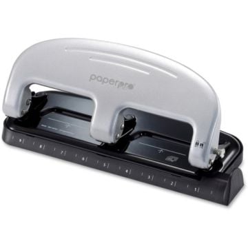 PaperPro Black/Silver inPRESS 20-Sheet 3-Hole Punch with ergonomic design, featuring a sleek silver top and black base, suitable for heavy-duty paper punching.