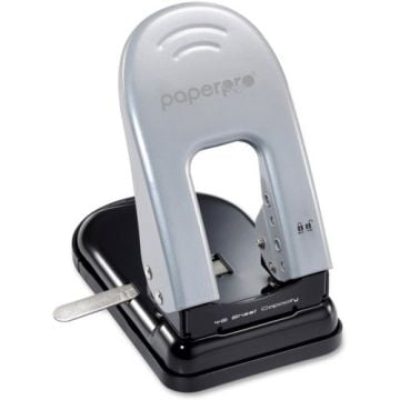 PaperPro Black/Silver inDULGE 40-Sheet 2-Hole Punch with sleek metallic top and sturdy black base, designed for efficient hole-punching of up to 40 sheets at once.