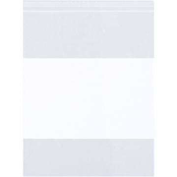 A 6 Mil White Block Reclosable Poly Bag is displayed, featuring a clear plastic body with a writable white block area, a ribbed resealable zipper closure, and a durable 6-mil thickness for secure storage.