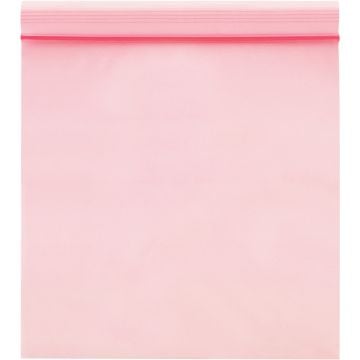 A 4 Mil Anti-Static Reclosable Poly Bag is shown with a smooth pink surface, featuring a ribbed top seal for secure closure, and anti-static properties to protect sensitive electronic components.