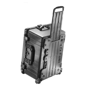 A rugged black wheeled carrying case with an extended handle, designed for transporting the Proton PDS-75 Manual Hard Drive Crusher securely.