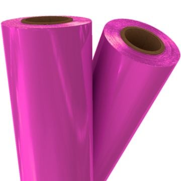 Two rolls of Pink Pigment Laminating / Toner Fusing Foil with a glossy finish, showcasing their vibrant color and reflective surface.