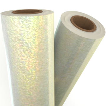 Two rolls of Pixie Dust Transparent Holographic Laminating / Toner Fusing Foil showcasing a sparkling, iridescent finish.