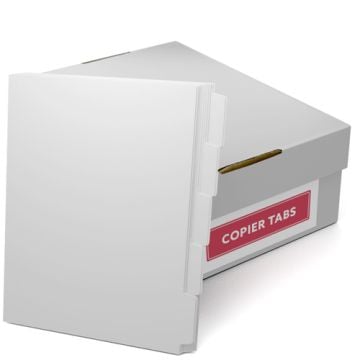 MyBinding Double Reverse Collated 90lb Plain Paper Copier Tabs, showing a stack of white tabbed sheets next to a labeled storage box.