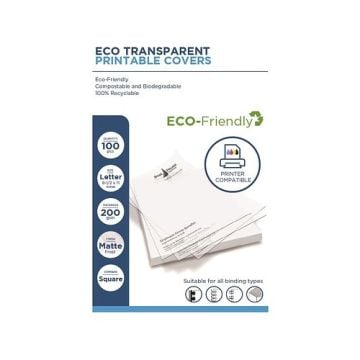 Packaging of Printable 8.5” x 11” Clear Matte Frost Recyclable Binding Covers - 100pk, eco-friendly, biodegradable, and 100% recyclable.