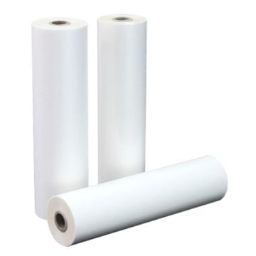 Three rolls of 1.7 Mil PlatinumPET Gloss Low Melt Roll Laminating Film standing upright with one roll lying down in front.