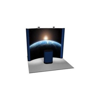 An exhibition booth setup with a backdrop featuring Earth from space and a podium, showcasing Polycarbonate Base Pressure Sensitive Laminating Films (3" Core).