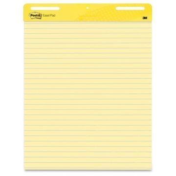 "Post-it 25" x 30" Lined Yellow Self-Stick Easel Pad with a bright yellow header and lined pages for convenient note-taking and presentations.