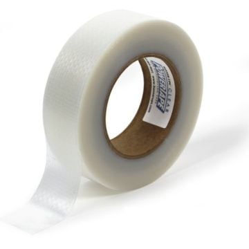 A roll of PowerTape Hem Reinforcing Clear Tape, partially unrolled, showcasing its transparent, durable adhesive surface.