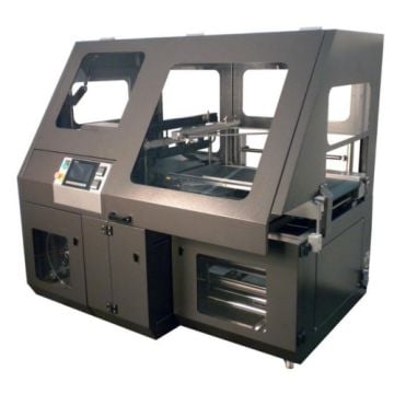 A black, industrial-grade Preferred Pack Int-30 2 Belt Fully Automatic Side Sealer with a modern control panel and transparent viewing windows, designed for efficient packaging operations.