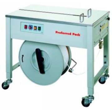 Preferred Pack SP-4 Semi-Automatic Table Top Strapping Machine with Open Cabinet, featuring a metal table surface, control panel with buttons and indicators, an exposed strapping roll housed underneath, and caster wheels for mobility.
