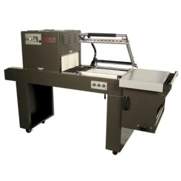 The Preferred Pack PP-1519ECMC Economy Combination L' Sealer and Shrink Tunnel is a black industrial packaging machine featuring a sealing arm, control panel, and integrated conveyor system on wheels.