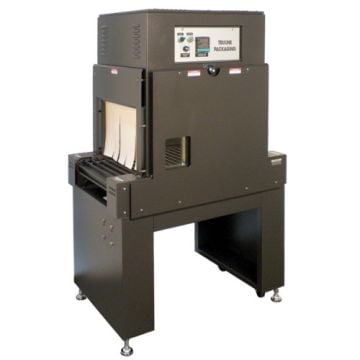 A black Preferred Pack PP1808-28 General Purpose Shrink Tunnel with a compact design, visible control panel, and conveyor system for packaging applications.