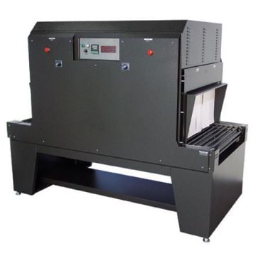 A Preferred Pack PP3610-60 High Capacity Shrink Tunnel featuring a robust black metal design with control panel, red indicator lights, and a conveyor belt system for packaging operations.