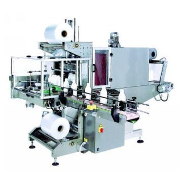 A Preferred Pack SFE-1500AU Right Angle Fully Automatic Sleeve Wrapper with Attached Tunnel, featuring a stainless steel structure, multiple rollers, and conveyor belts designed for packaging and sealing operations.