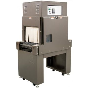 A Preferred Packaging PP1812-28 Shrink Tunnel with a stainless steel design, visible control panel, and conveyor system for shrink-wrapping applications.