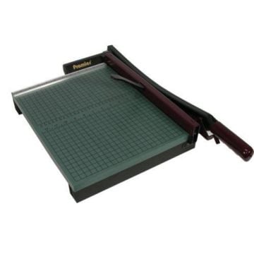 A Premier StakCut 715 15" Heavy Duty Paper Trimmer with a green grid cutting surface and a metal cutting arm.