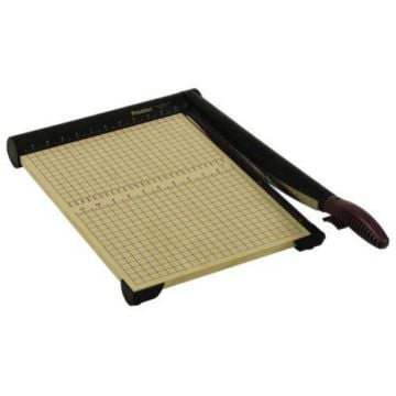 A Premier T15 SharpCut 15 Inch Guillotine Paper Trimmer with a grid cutting surface and a sharp blade arm for precise paper cutting.