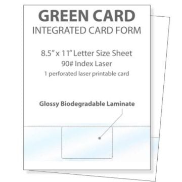 Printable Glossy Identification Cards (Front) showing an 8.5" x 11" letter-size sheet with a perforated, biodegradable laminate card section and text detailing its specifications.
