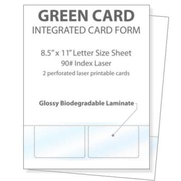 Printable Glossy Identification Cards with two perforated sections on an 8.5" x 11" biodegradable laminated sheet designed for laser printing.