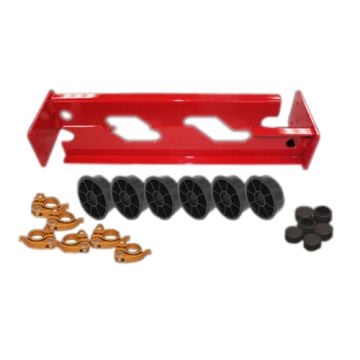 Pro-Tabletop Work Table Mountable Roll Holder Applicator with red metal frame, black rollers, and gold clamps for organizing and holding materials.