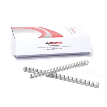 Box of Grey 1-1/8" Plastic Binding Combs with two combs displayed in front.