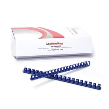 Two Royal Blue Plastic Binding Combs placed in front of a MyBinding packaging box.
