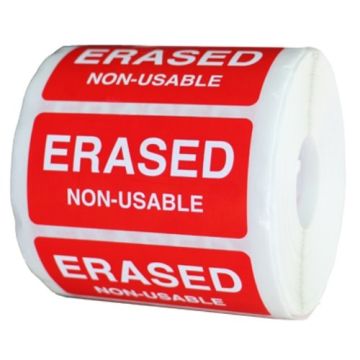 Roll of Proton Degaussed Erased / Non-Usable Labels in bold red and white, indicating items that are no longer usable.