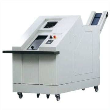 A white Proton PDS 105 HD/SSD Multimedia Shredder designed for securely destroying hard drives and other media, featuring a compact and mobile design.