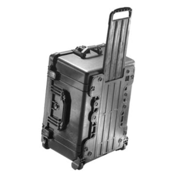 Custom Deployment/Shipping Case for Proton PDS-75 Hard Drive Crusher with a rugged, wheeled design and retractable handle for secure transport.